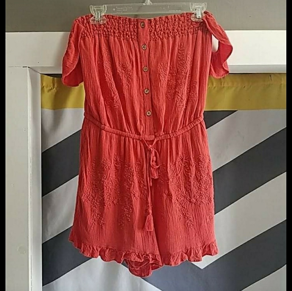 Off Shoulder Embroidered Knit Romper